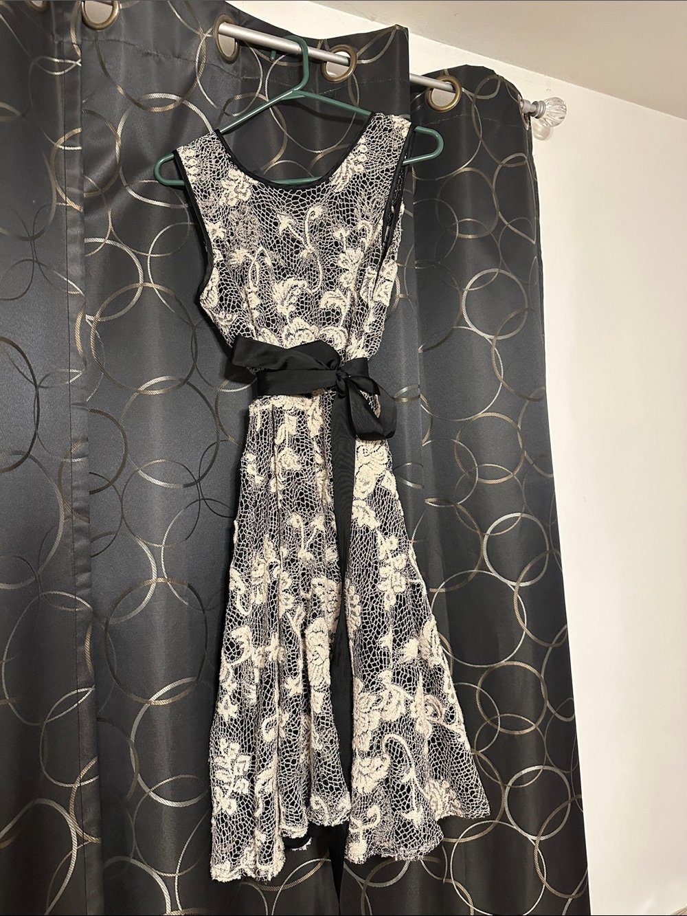 Dress Barn Black and Cream Lace Fit-and-Flare Midi Dress with Waist Sash